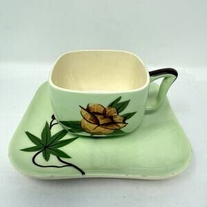 Weil Ware California Pottery Cup & Plate Set Hand Decorated Bamboo Lotus Vintage
